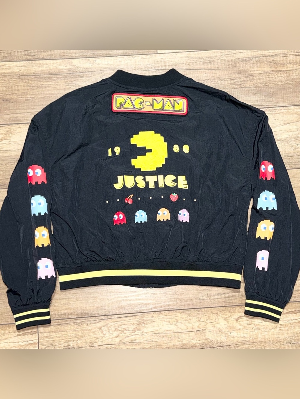 Justice Pac Man Atari Gamer Nylon Full Zip Sweatshirt Bomber Jacket Girls XL